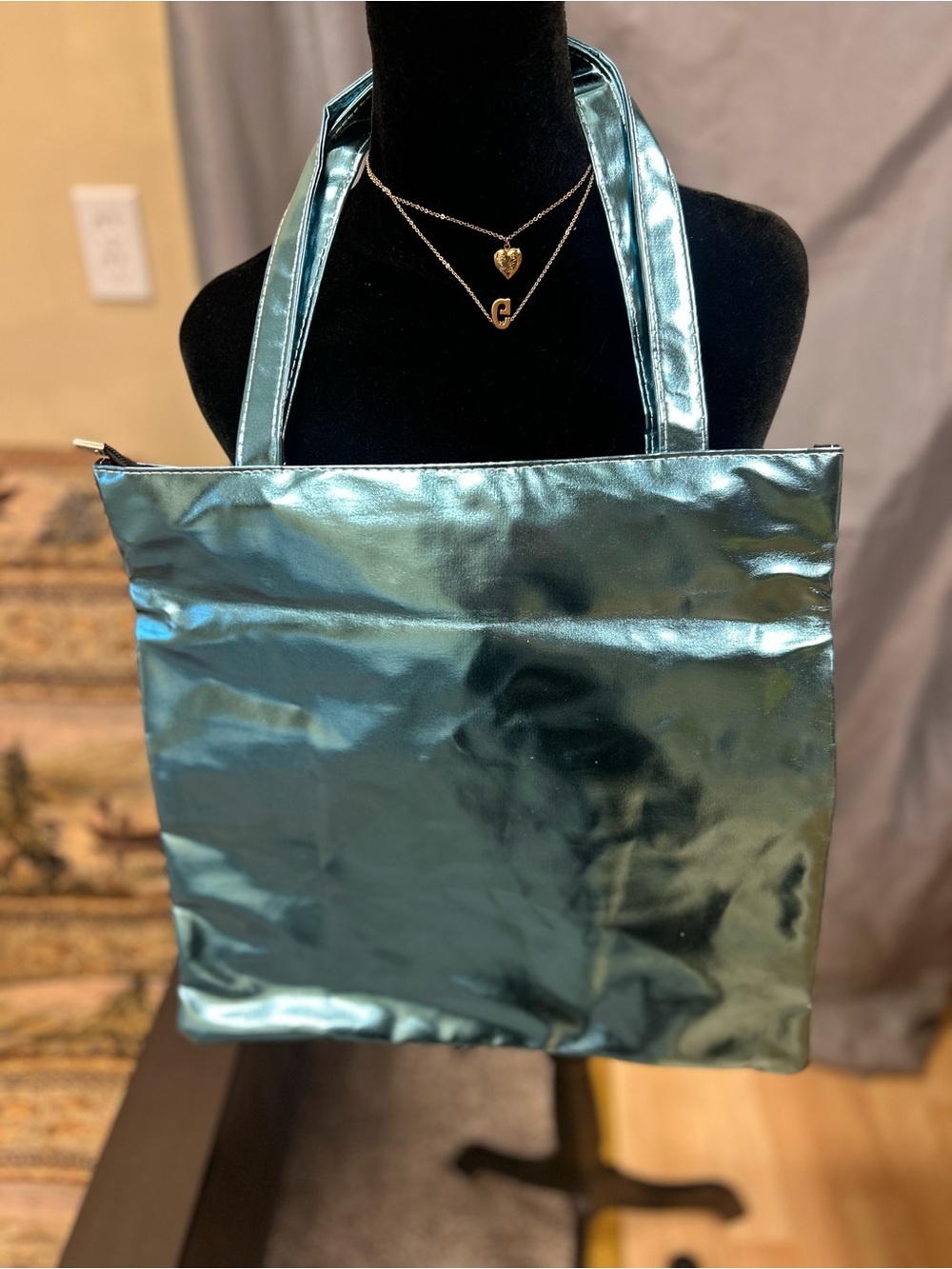 Metallic Teal Tote Bag - Women's Shiny Shoulder Bag